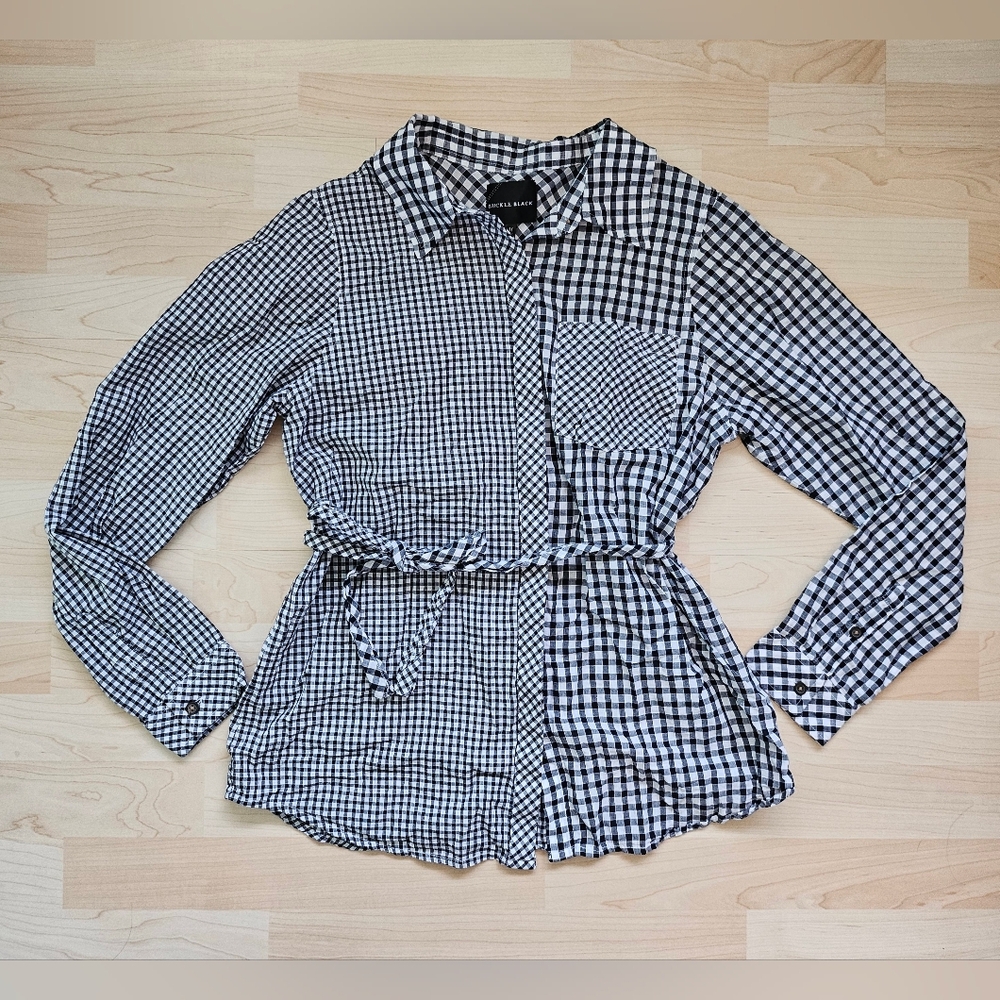 Buckle Black and White Mixed Gingham Print Button Up With Waist Tie